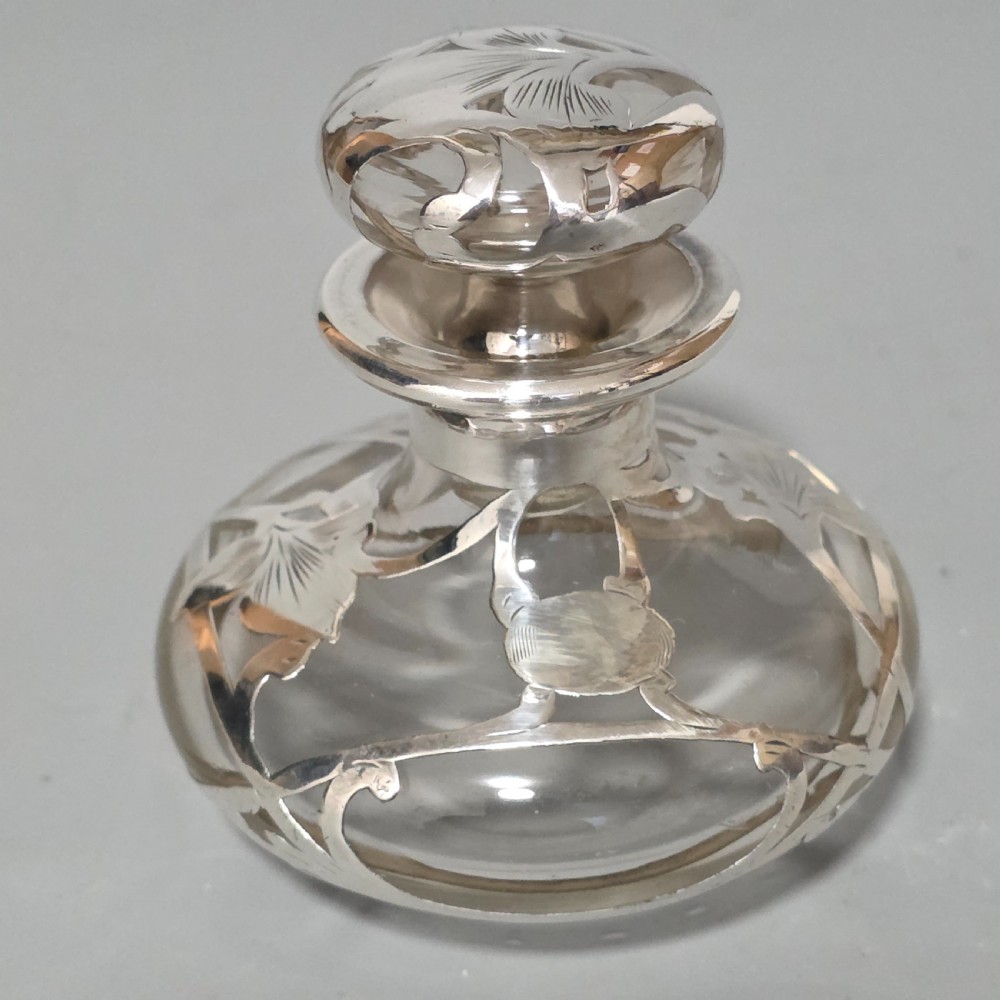 Art Nouveau Art Glass Scent Bottle, Alvin Sterling Silver Overlay c1910 View II