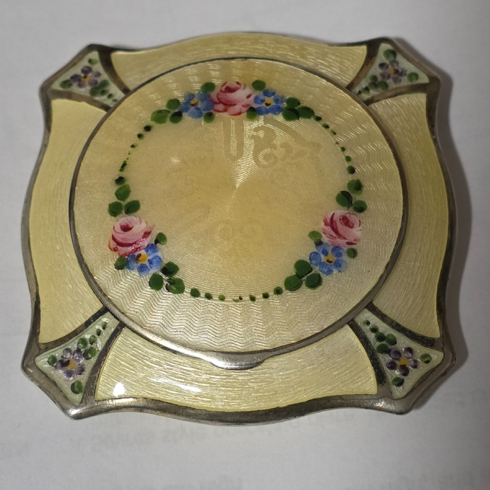 Vintage 1930s Yellow Guilloche enamel and white metal Compact,