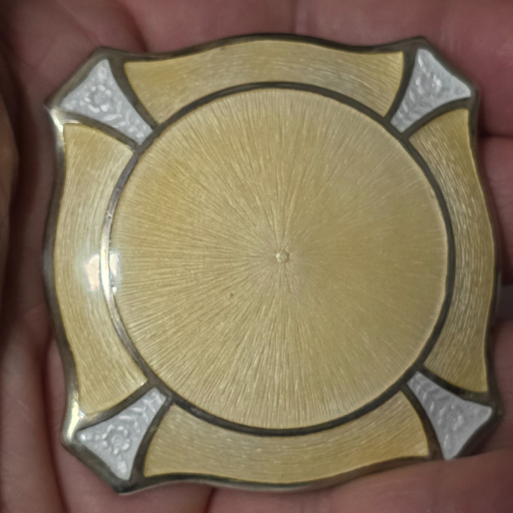 Vintage 1930s Yellow Guilloche enamel and white metal Compact, View IV