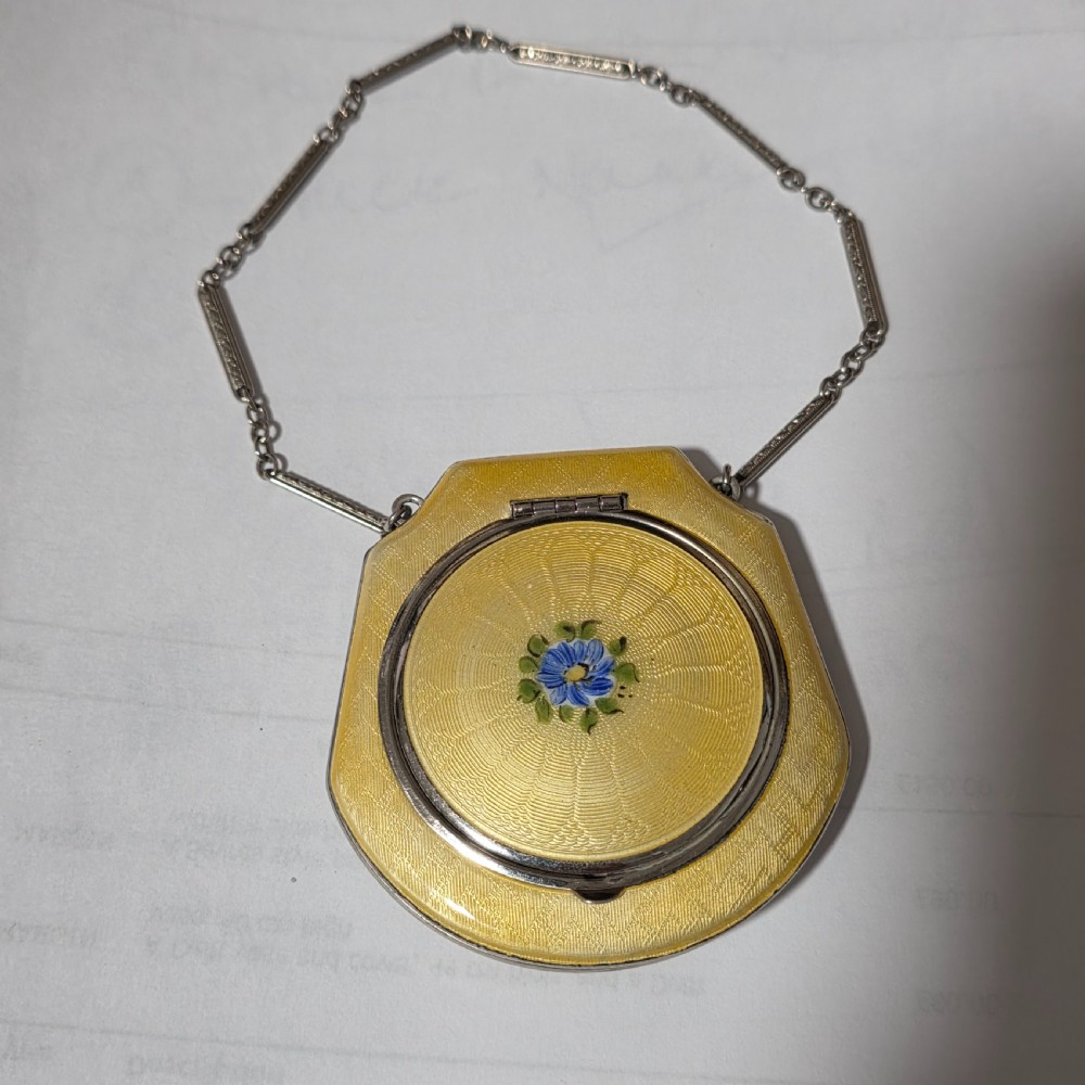 Exquisite 1920s Yellow Guilloche enamel and white metal Compact on Chain