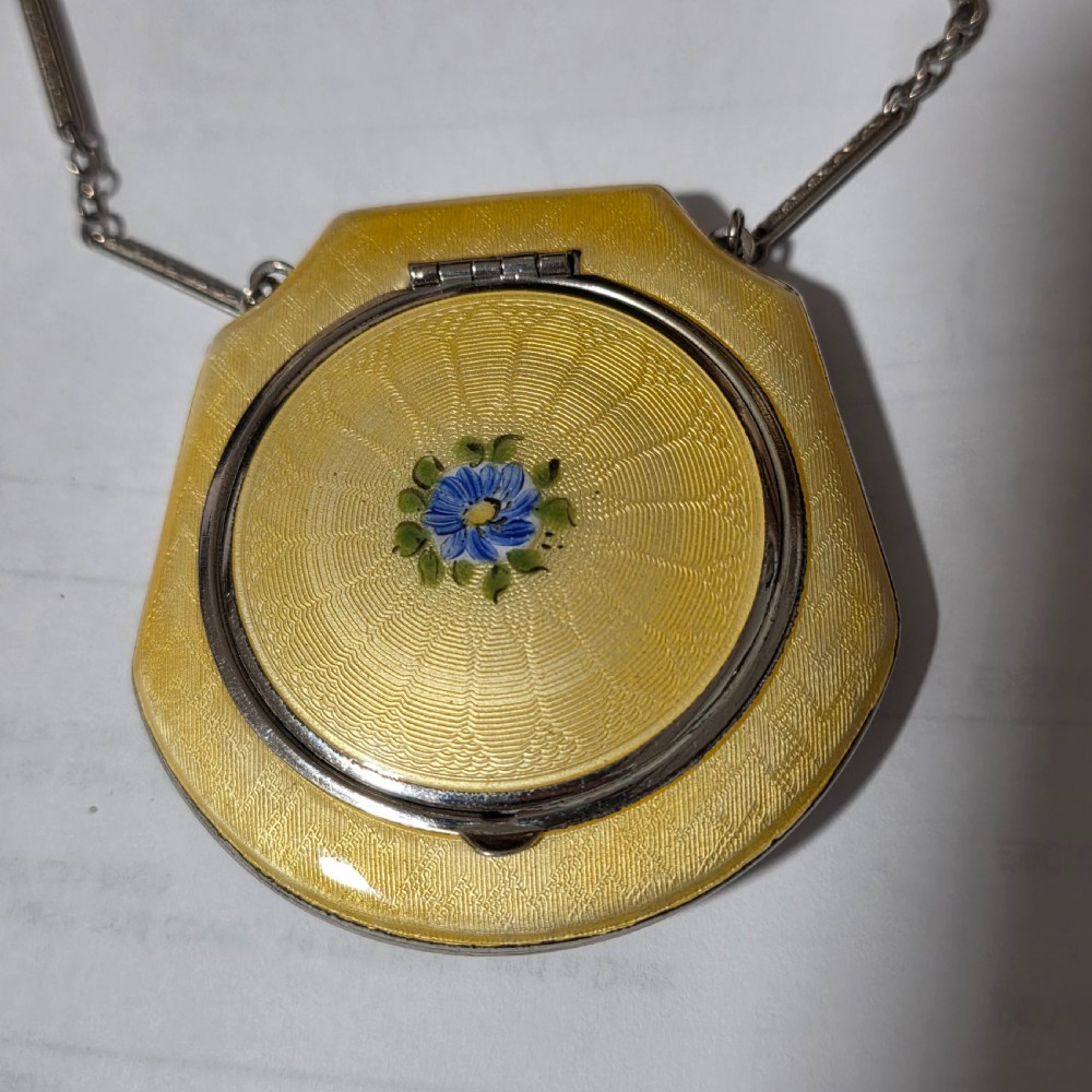 Exquisite 1920s Yellow Guilloche enamel and white metal Compact on Chain View II