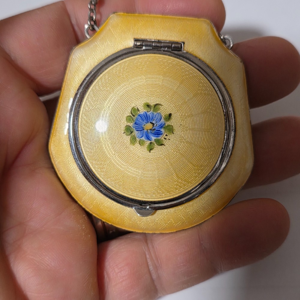 Exquisite 1920s Yellow Guilloche enamel and white metal Compact on Chain View V