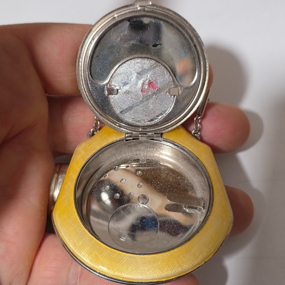 Exquisite 1920s Yellow Guilloche enamel and white metal Compact on Chain View VI