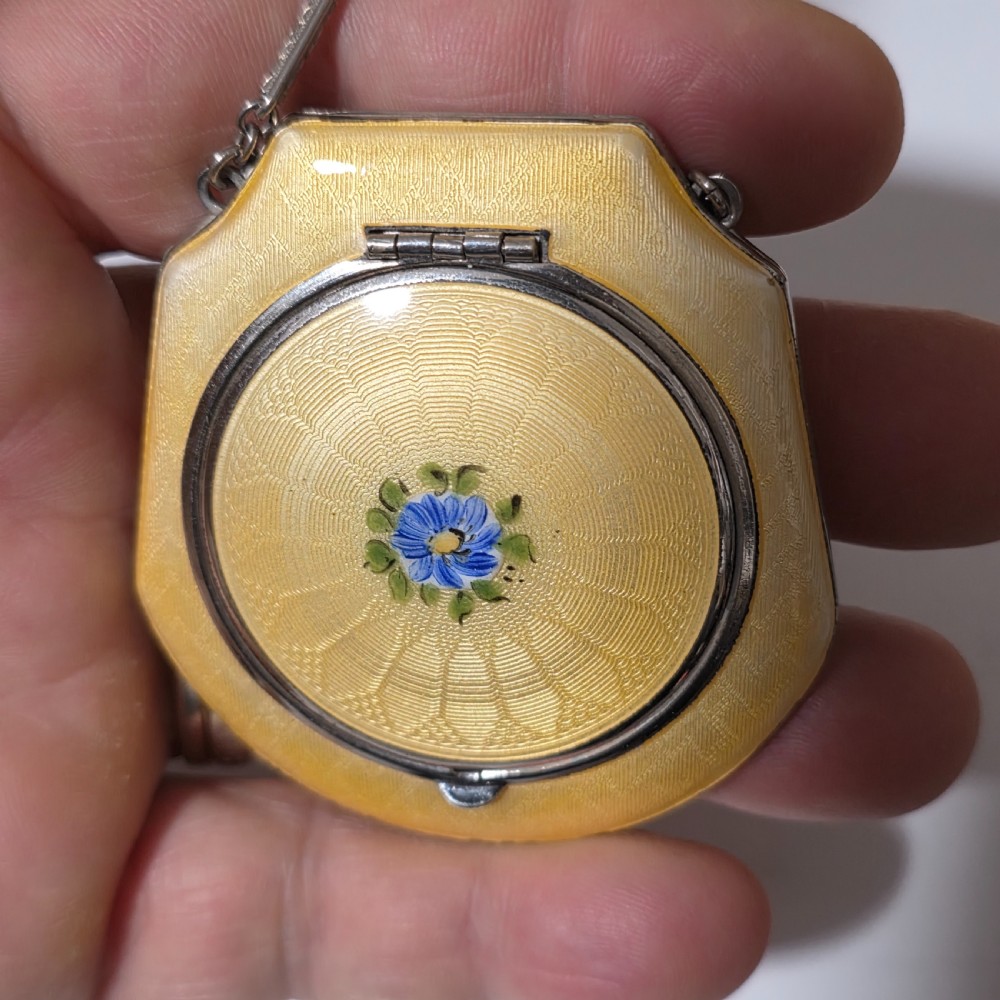 Exquisite 1920s Yellow Guilloche enamel and white metal Compact on Chain View VII