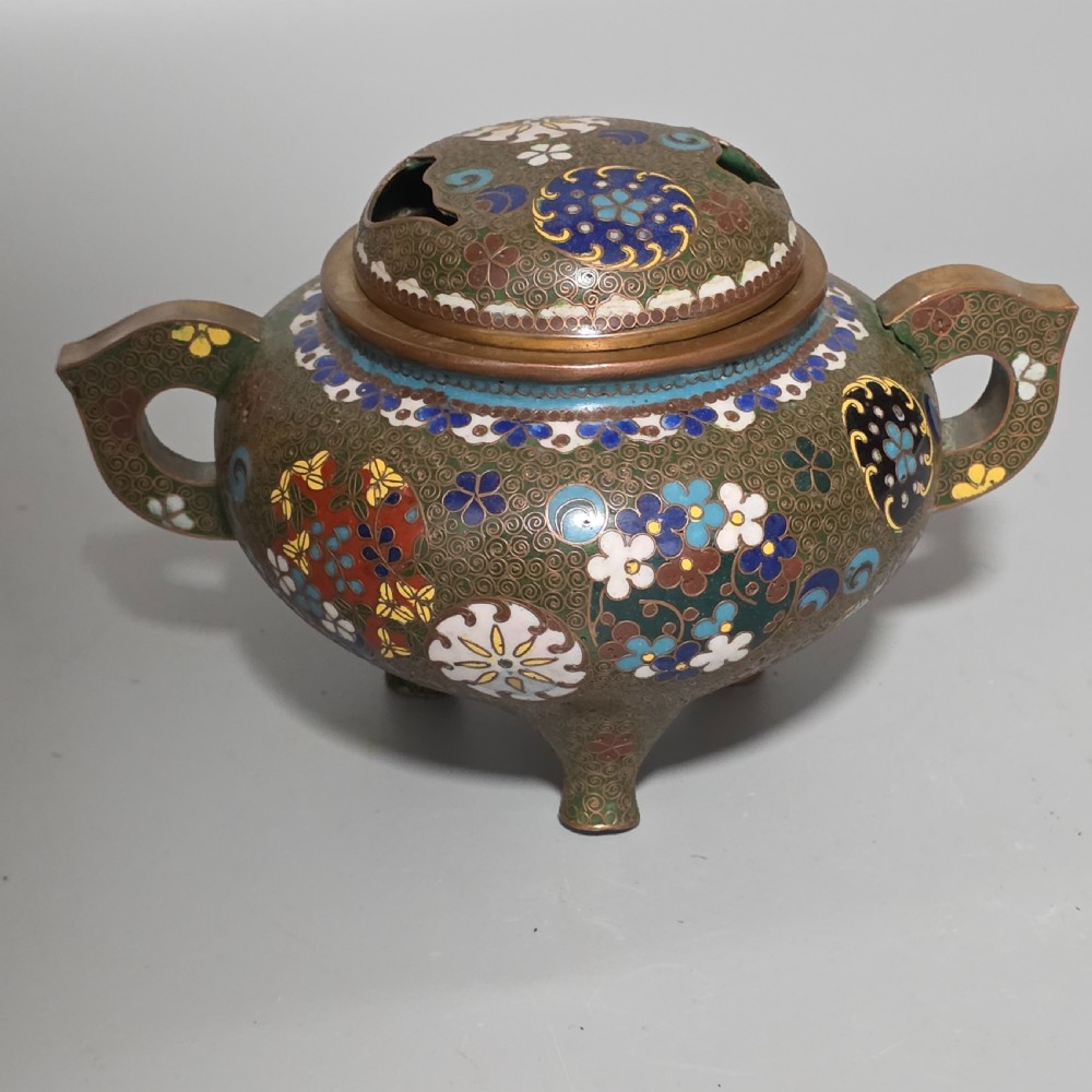 Japanese Cloisonne Censor Incense Burner. Pierced Lid. Meiji.