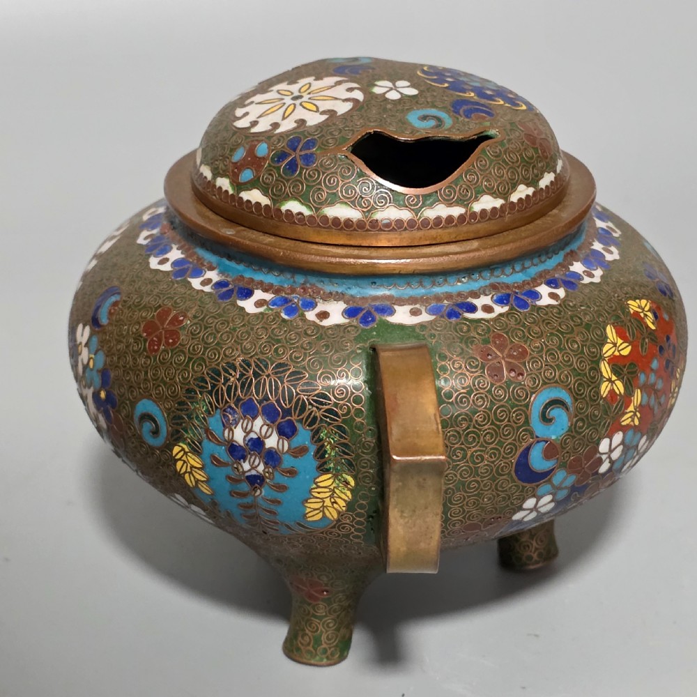 Japanese Cloisonne Censor Incense Burner. Pierced Lid. Meiji. View II