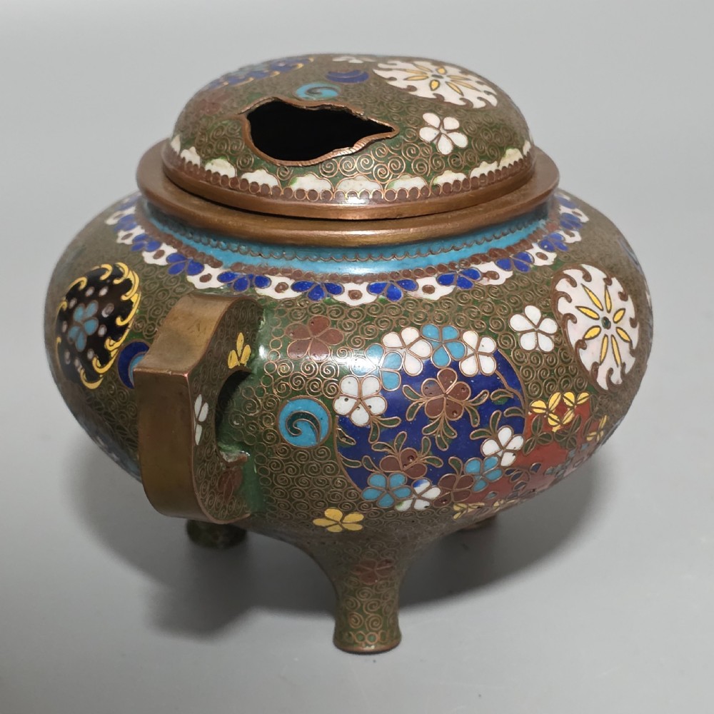 Japanese Cloisonne Censor Incense Burner. Pierced Lid. Meiji. View III