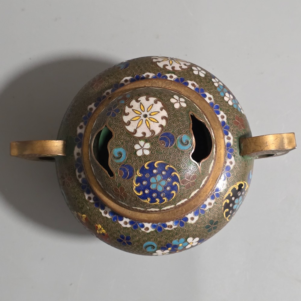 Japanese Cloisonne Censor Incense Burner. Pierced Lid. Meiji. View V
