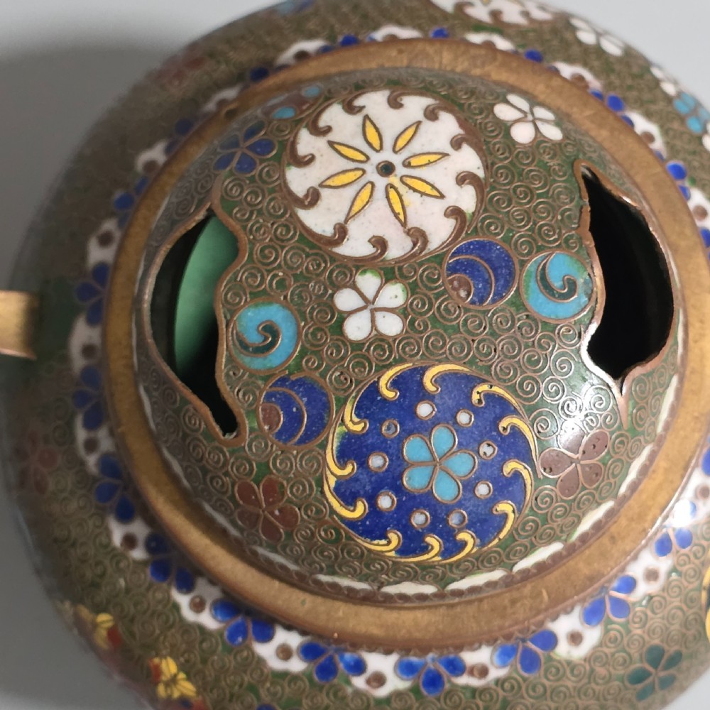 Japanese Cloisonne Censor Incense Burner. Pierced Lid. Meiji. View VI