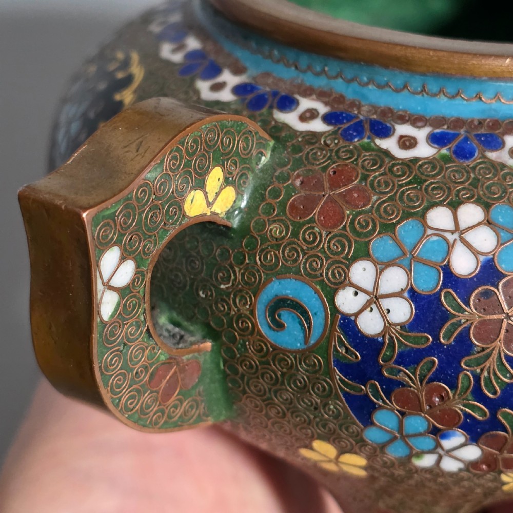 Japanese Cloisonne Censor Incense Burner. Pierced Lid. Meiji. View X