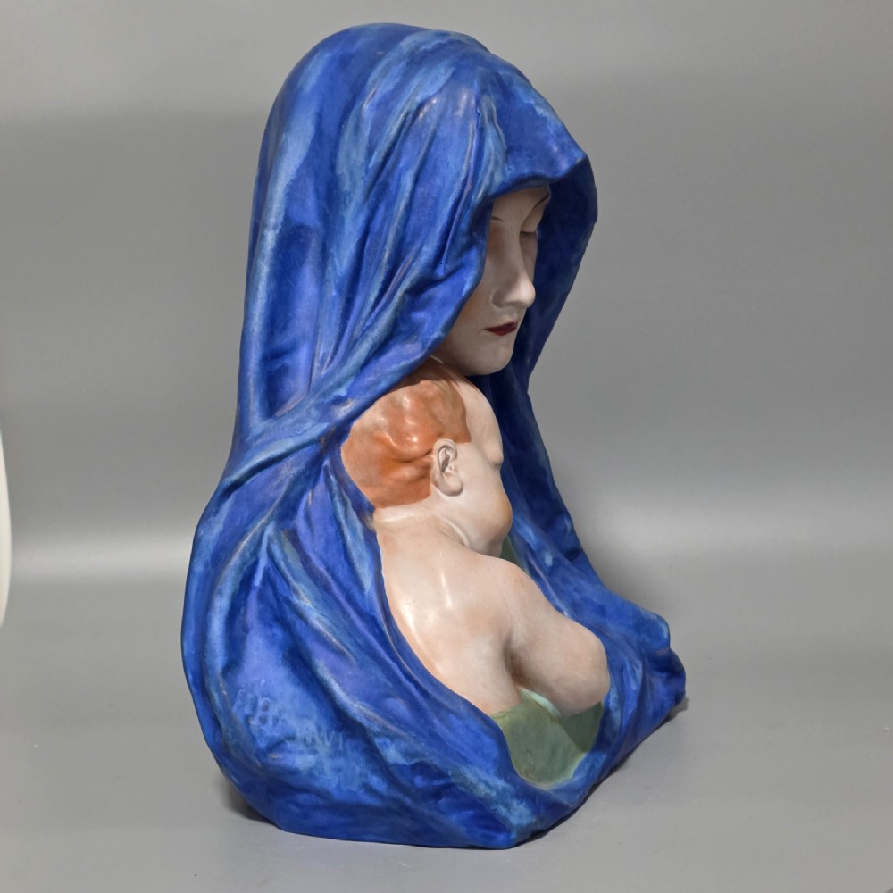 Large Austrian (Keramos) Pottery Bust of Madonna and Child Incised Barwig 34cm View XIV