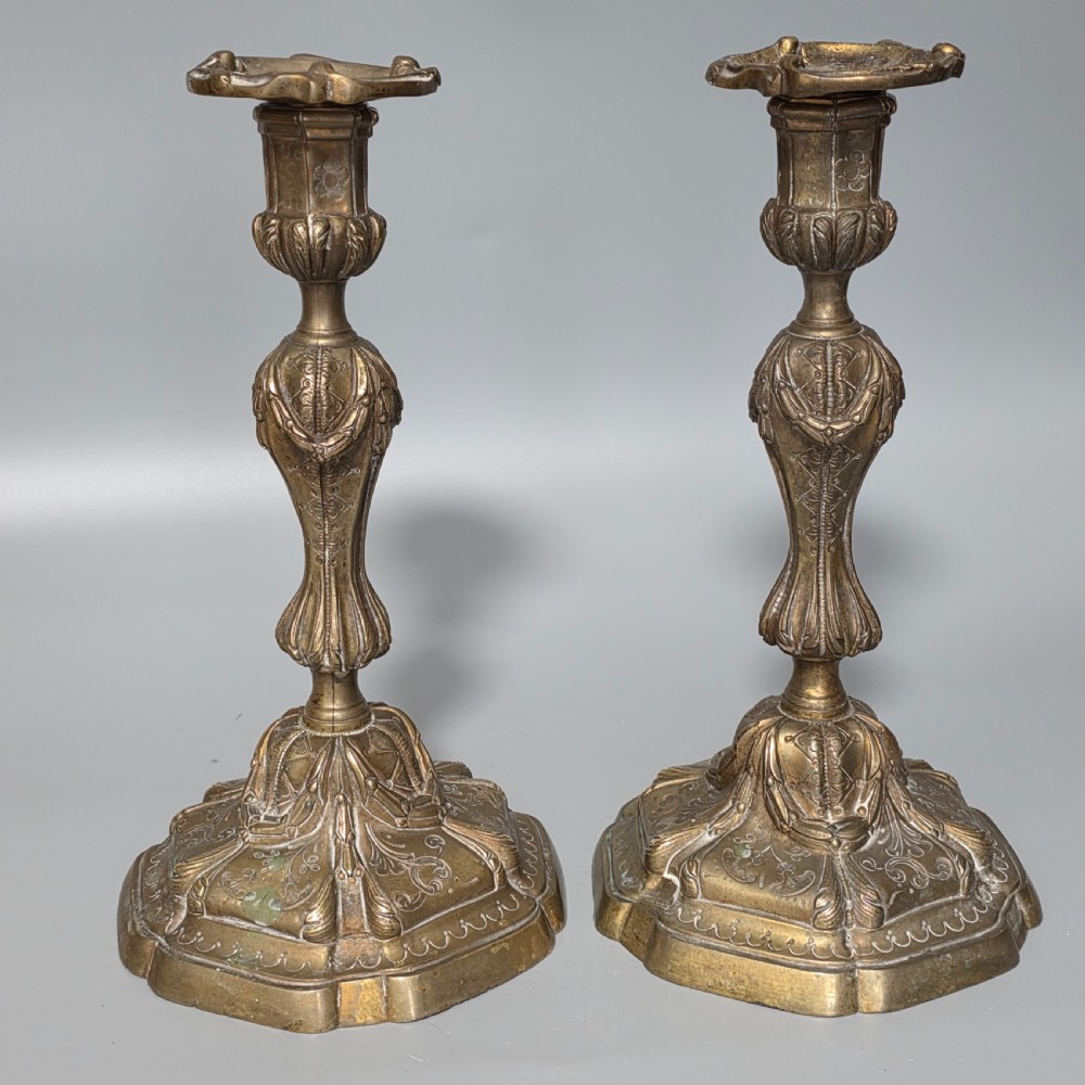French Pr of 19thc Rococco Revival Bronze/Brass Candlesticks 28cm