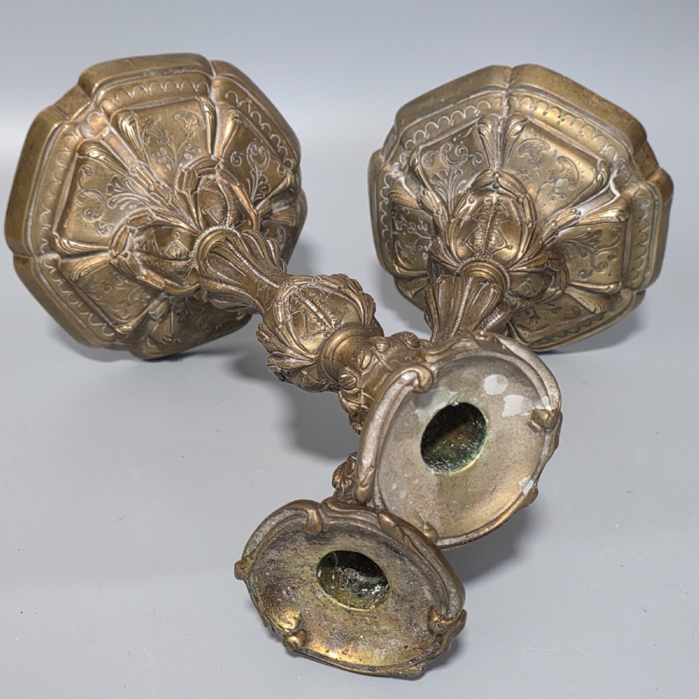 French Pr of 19thc Rococco Revival Bronze/Brass Candlesticks 28cm View II