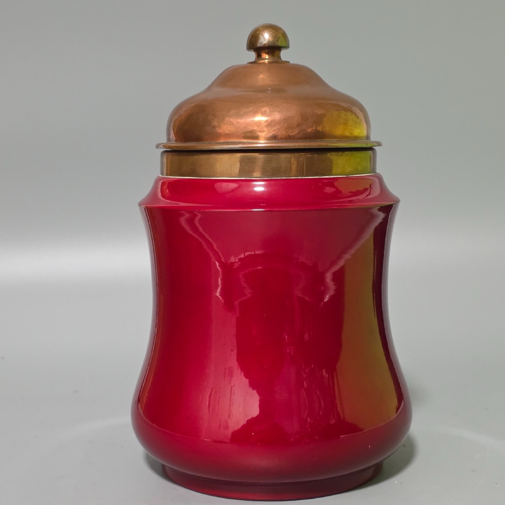Unusual Bernard Moore Biscuit Barrel with Planished Copper Lid c1900
