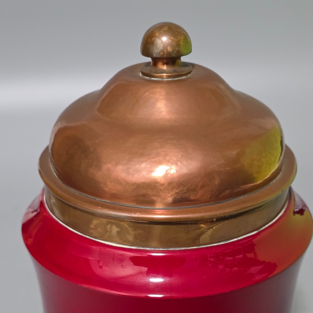 Unusual Bernard Moore Biscuit Barrel with Planished Copper Lid c1900 View II