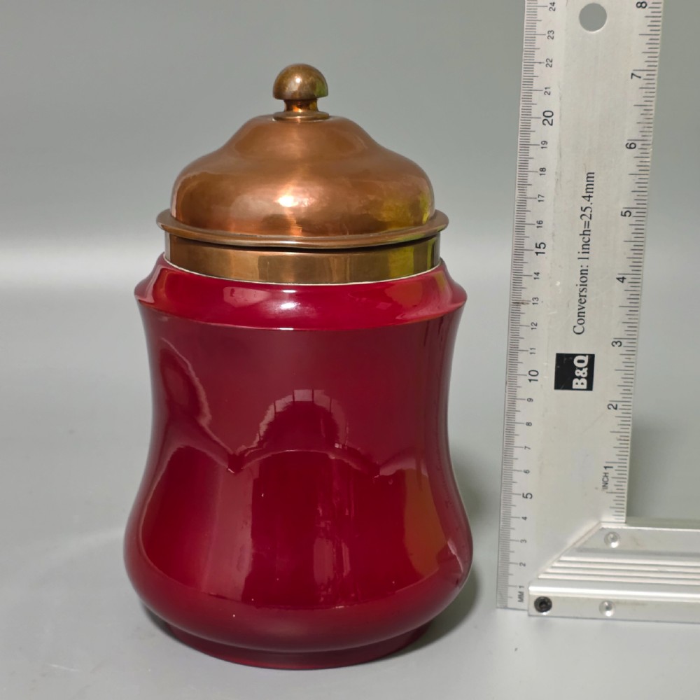 Unusual Bernard Moore Biscuit Barrel with Planished Copper Lid c1900 View V