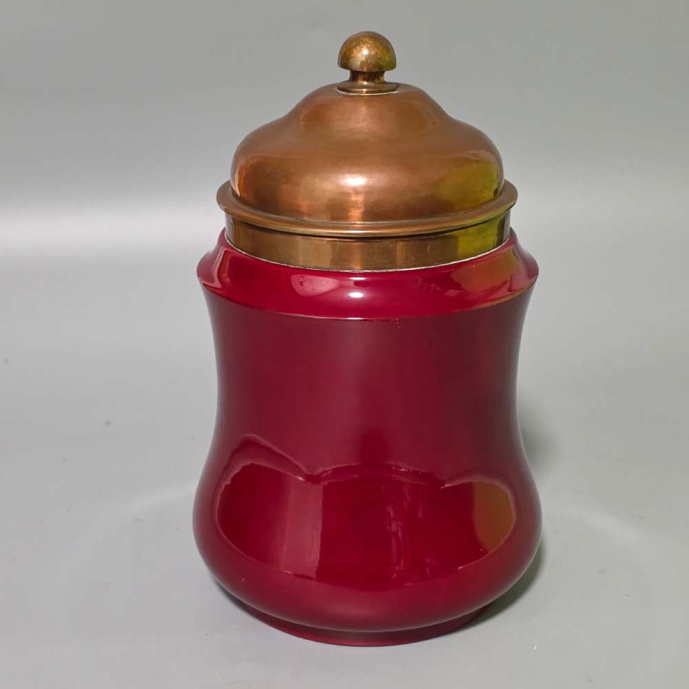 Unusual Bernard Moore Biscuit Barrel with Planished Copper Lid c1900 View VI