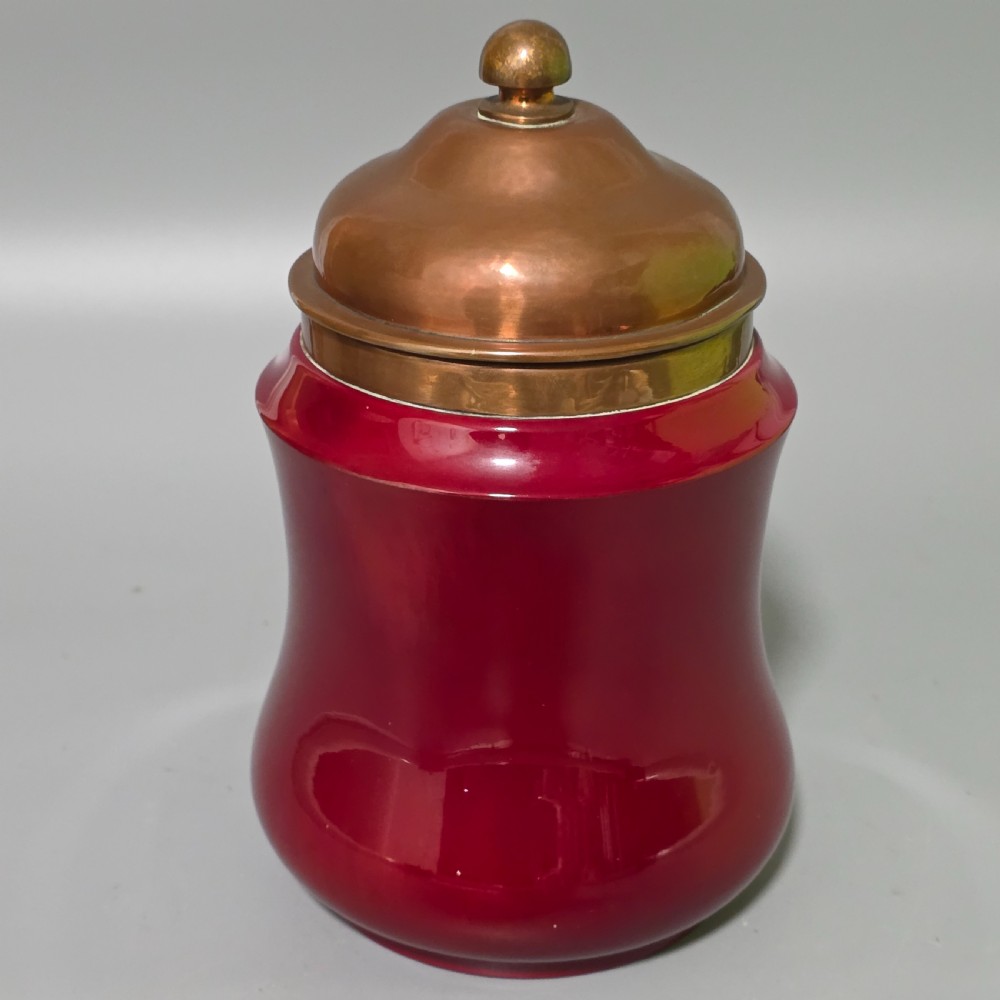 Unusual Bernard Moore Biscuit Barrel with Planished Copper Lid c1900 View VII