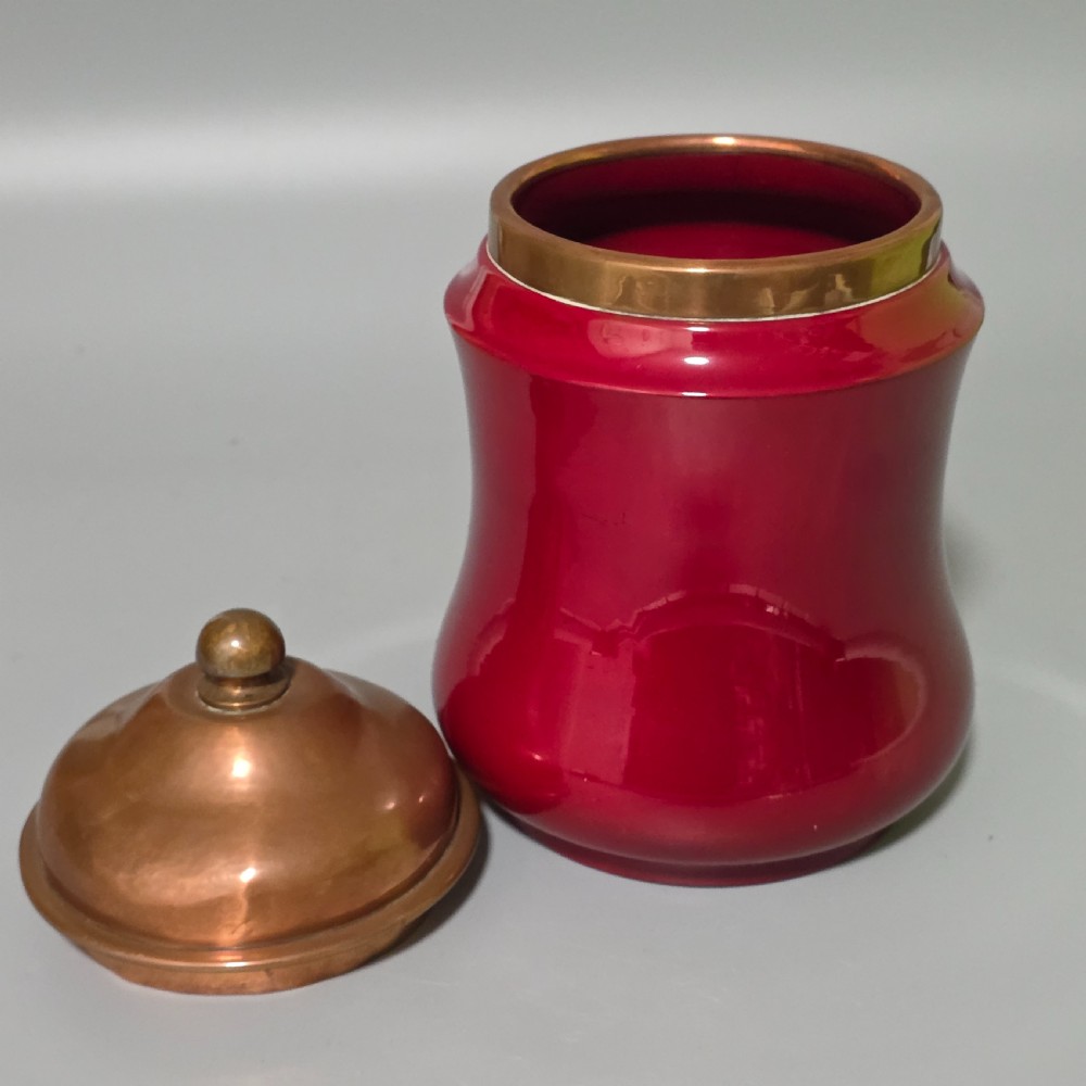 Unusual Bernard Moore Biscuit Barrel with Planished Copper Lid c1900 View X