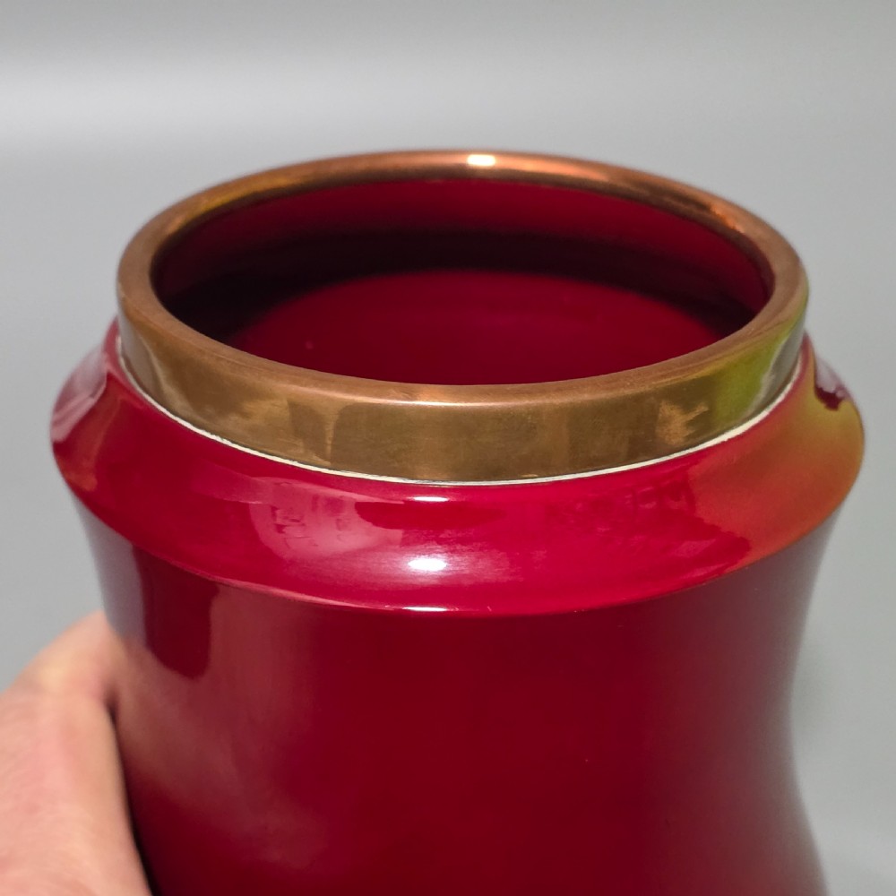 Unusual Bernard Moore Biscuit Barrel with Planished Copper Lid c1900 View XII