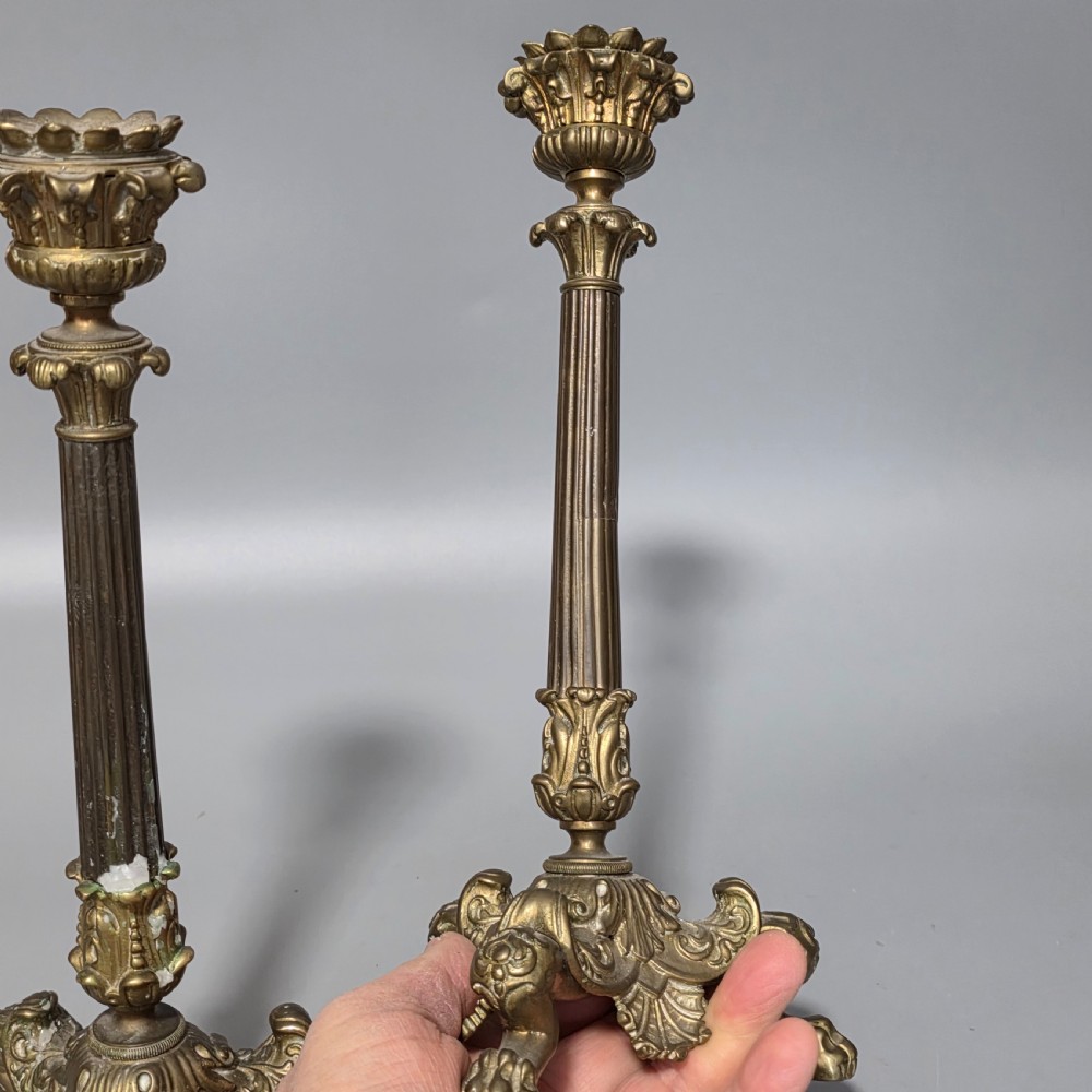 Pr Candlesticks Napoléon III Bronze/Brass Lion Paw Feet French Antique 19thc View X