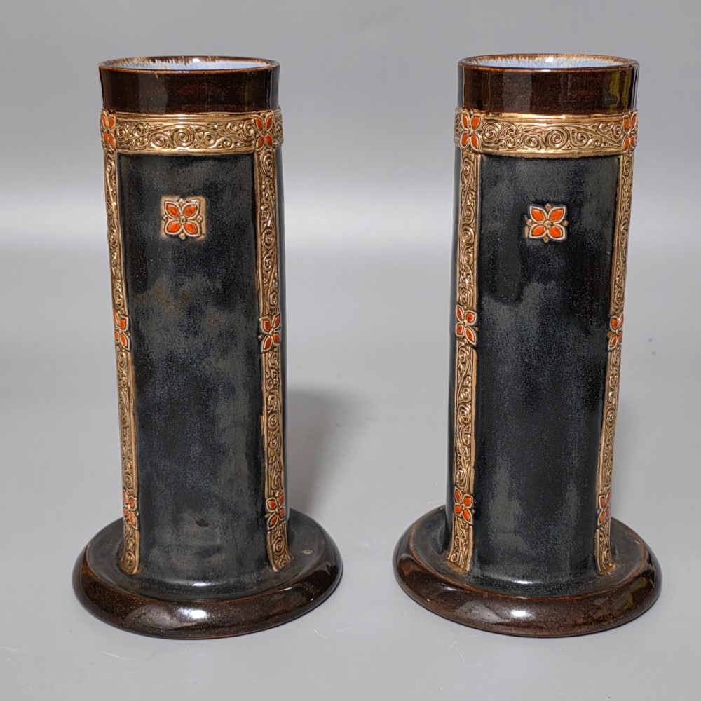 Rare And Early Pair Of Art Deco-Shaped Royal Doulton Stoneware Vases With Later Decoration By Ethel Beard.
