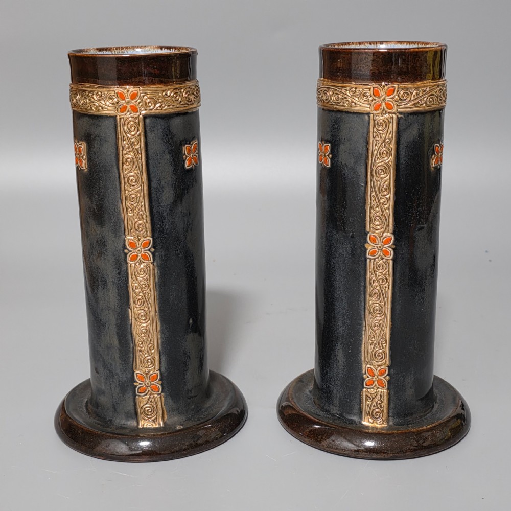 Rare And Early Pair Of Art Deco-Shaped Royal Doulton Stoneware Vases With Later Decoration By Ethel Beard.
 View II