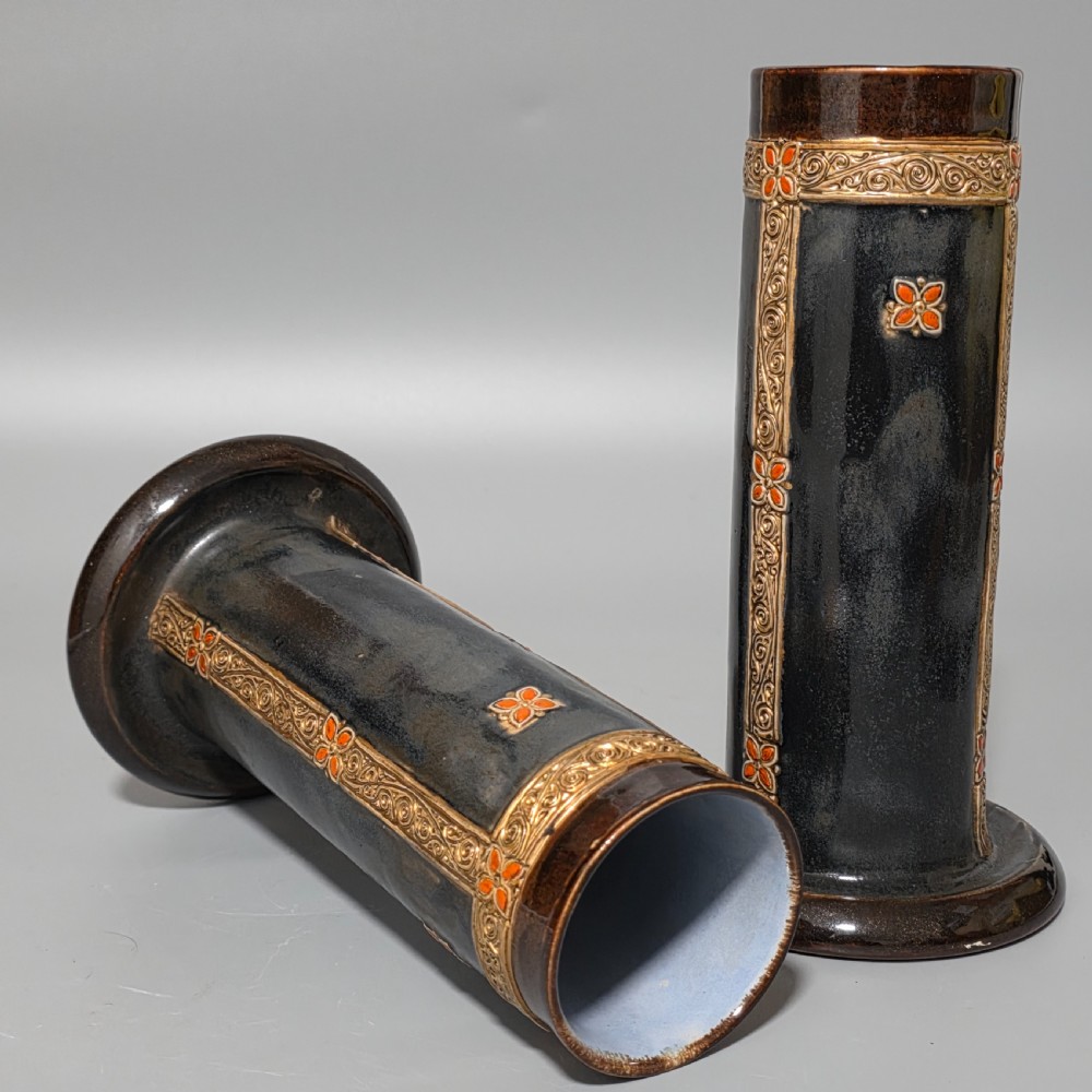 Rare And Early Pair Of Art Deco-Shaped Royal Doulton Stoneware Vases With Later Decoration By Ethel Beard.
 View III