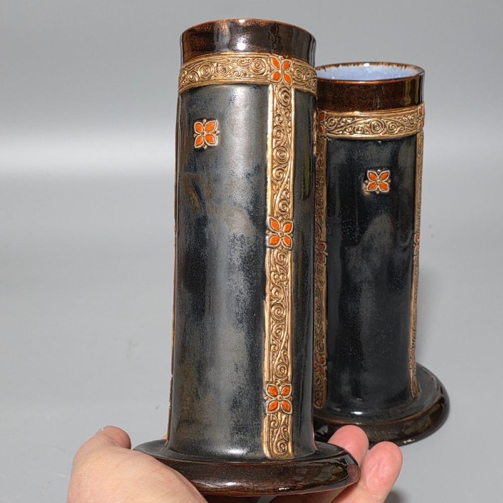 Rare And Early Pair Of Art Deco-Shaped Royal Doulton Stoneware Vases With Later Decoration By Ethel Beard.
 View IV