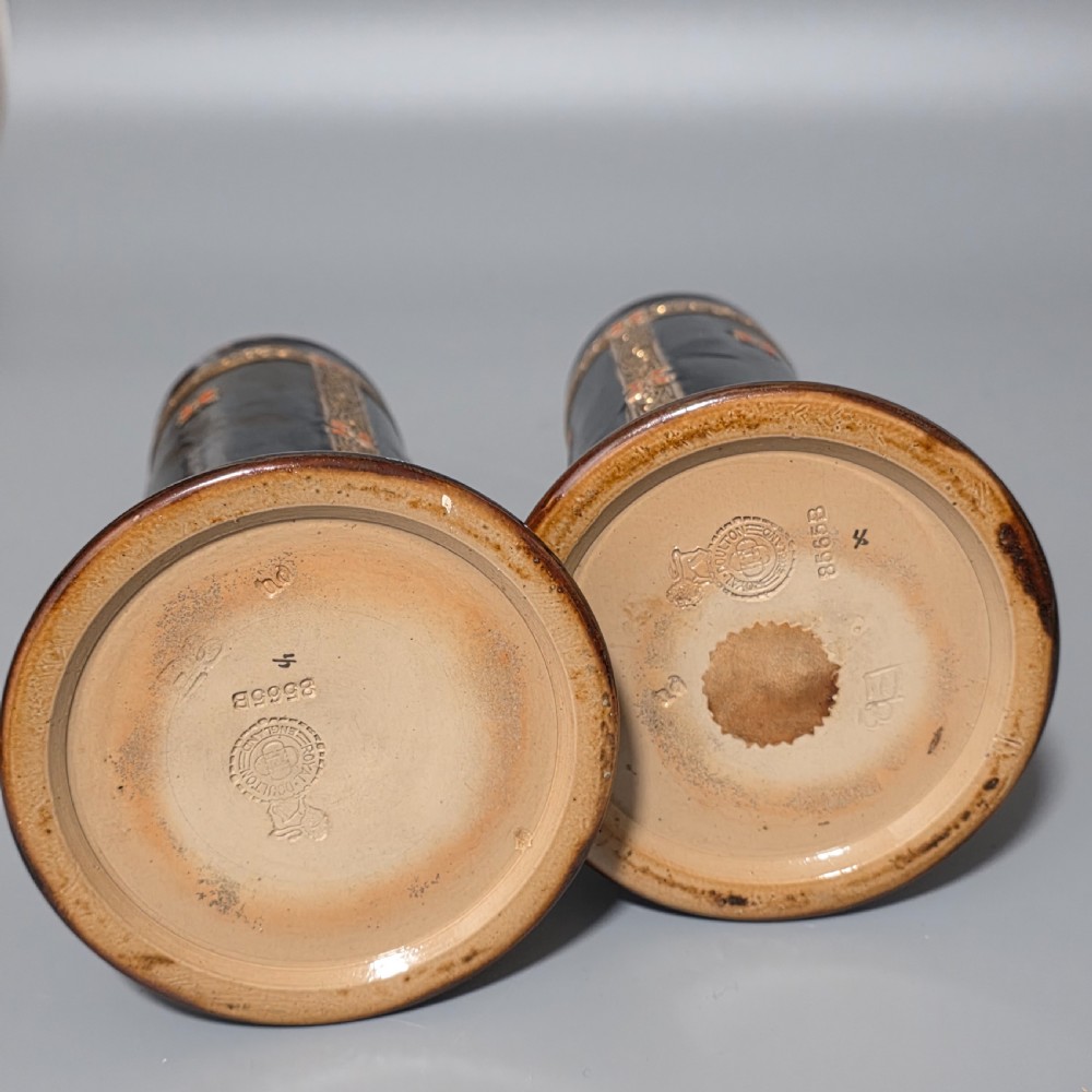 Rare And Early Pair Of Art Deco-Shaped Royal Doulton Stoneware Vases With Later Decoration By Ethel Beard.
 View V