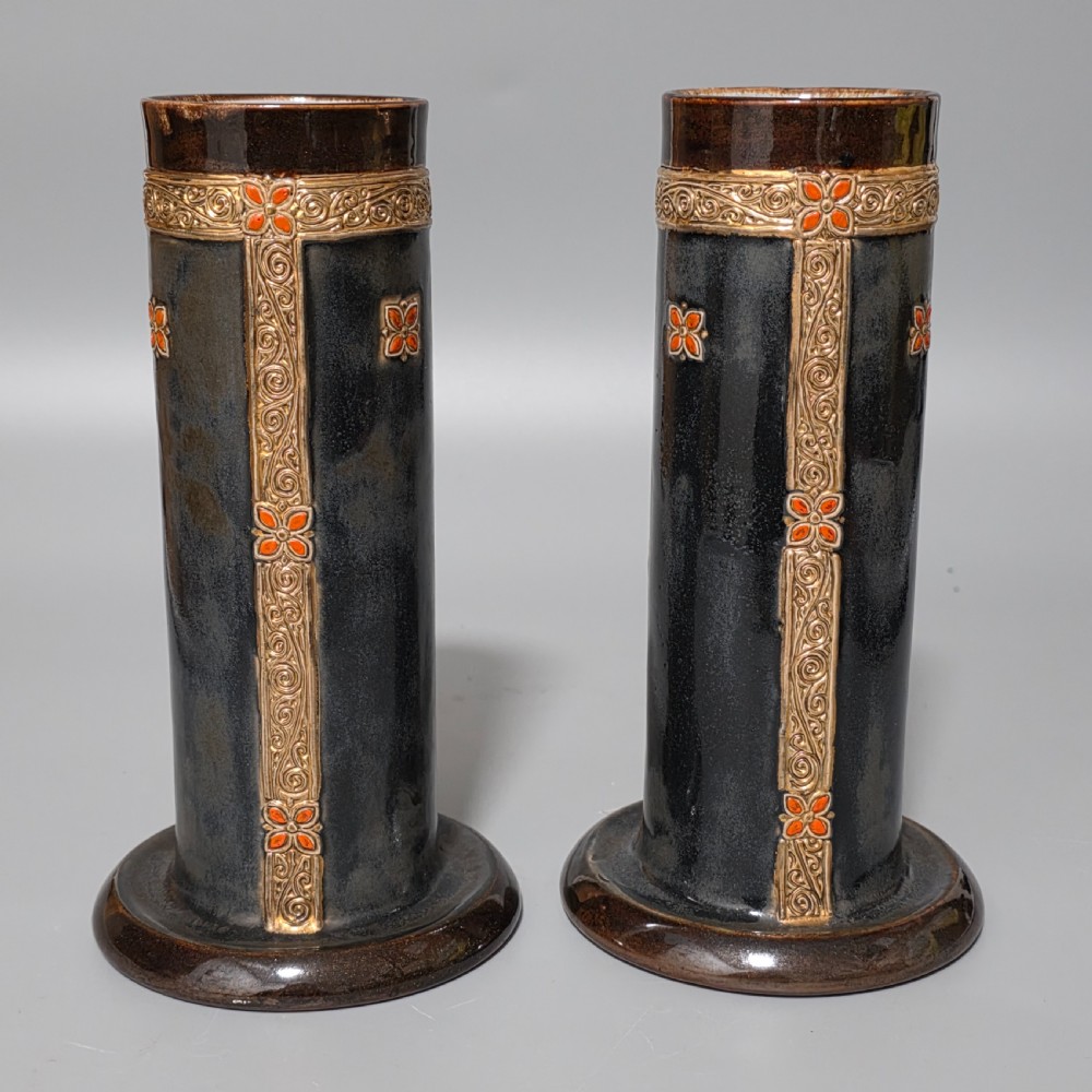 Rare And Early Pair Of Art Deco-Shaped Royal Doulton Stoneware Vases With Later Decoration By Ethel Beard.
 View VII