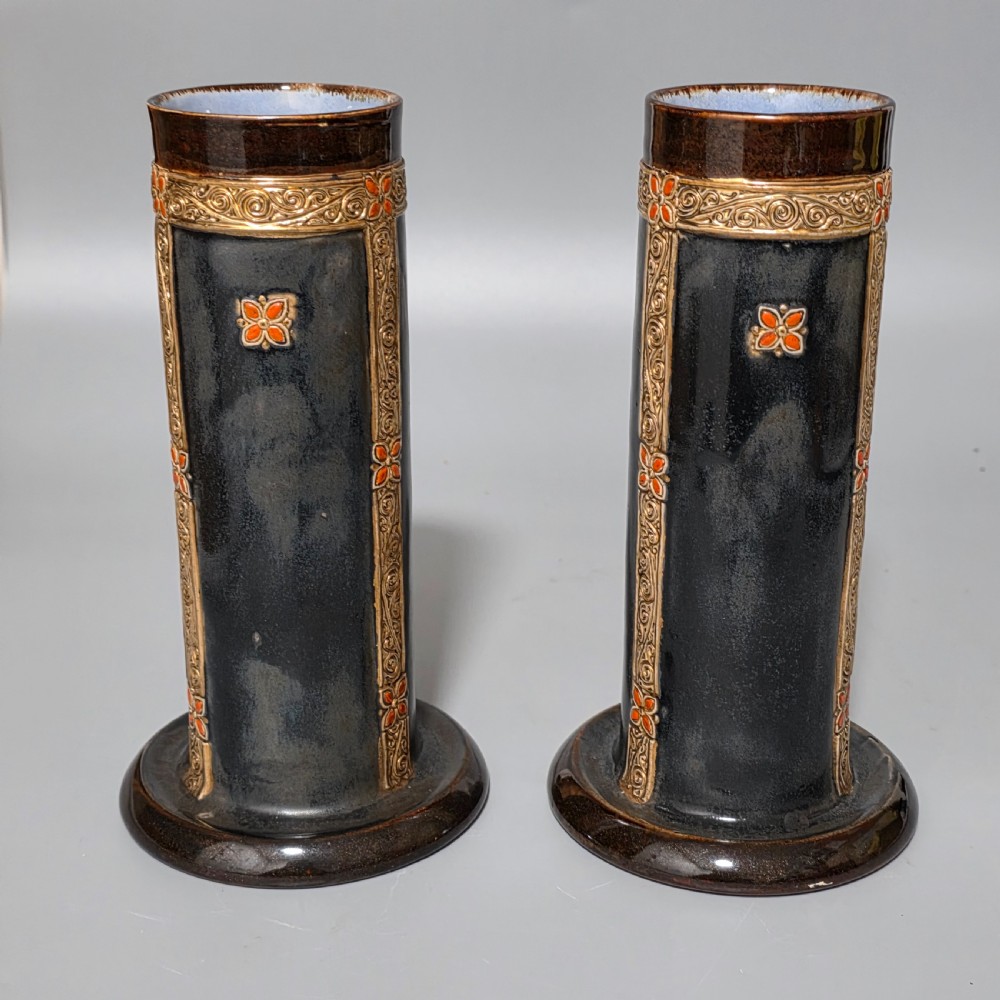 Rare And Early Pair Of Art Deco-Shaped Royal Doulton Stoneware Vases With Later Decoration By Ethel Beard.
 View VIII