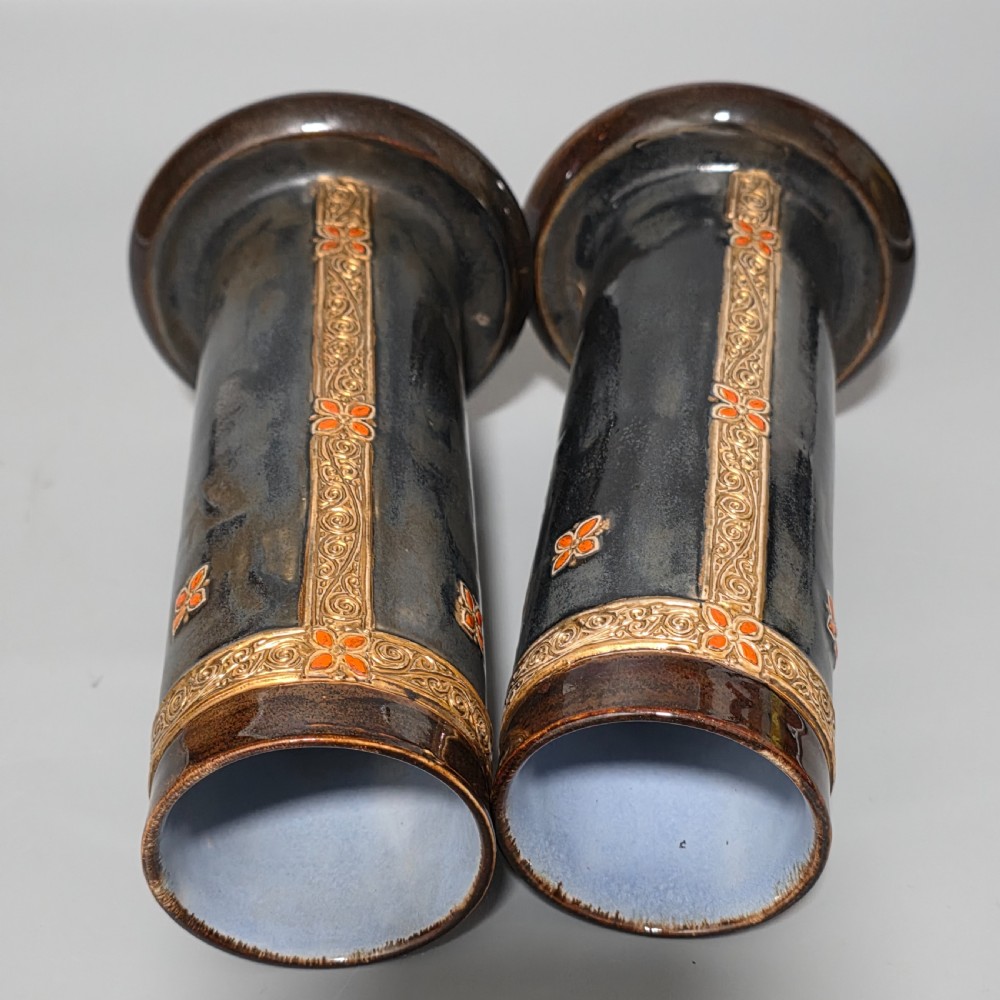 Rare And Early Pair Of Art Deco-Shaped Royal Doulton Stoneware Vases With Later Decoration By Ethel Beard.
 View X