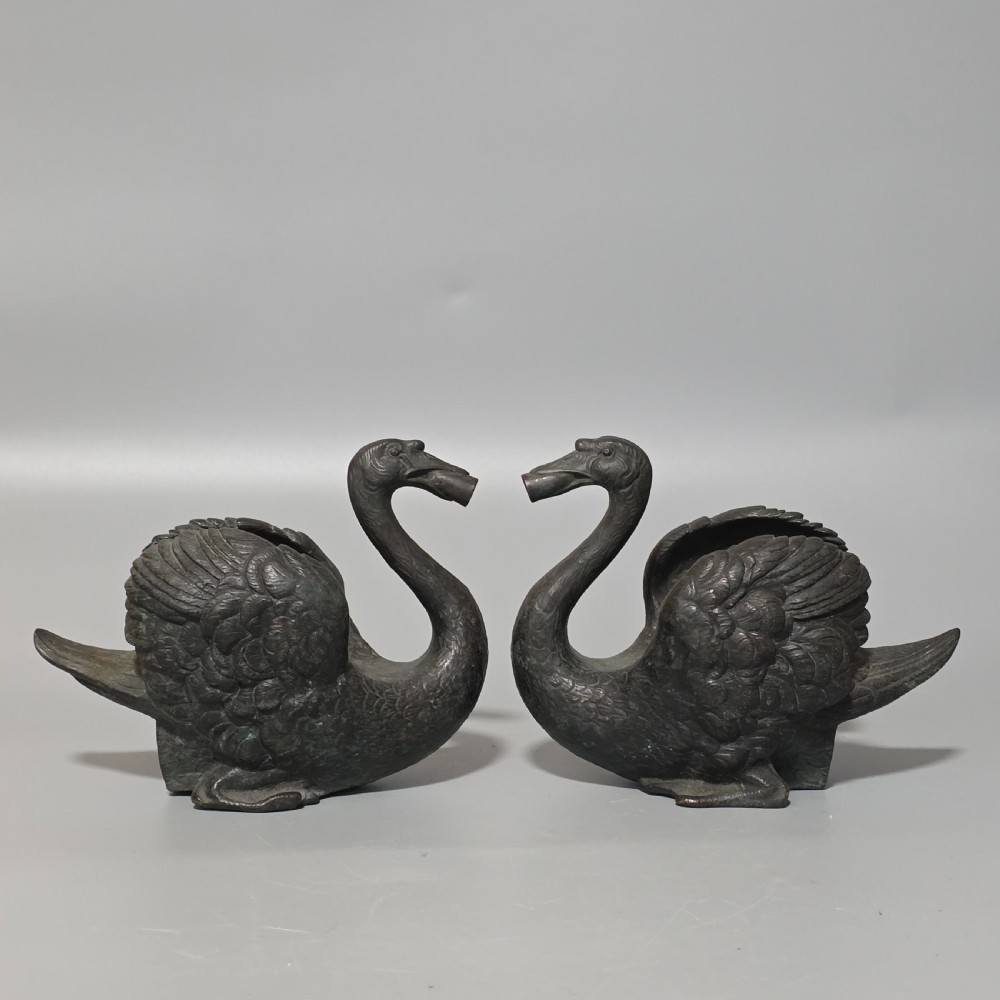 Rare Pair of 19th-Century Bronze Swan Fountain Spouts — Exquisite Detail and Patina