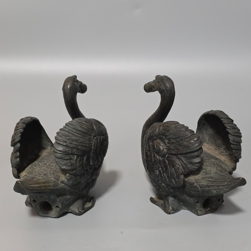 Rare Pair of 19th-Century Bronze Swan Fountain Spouts — Exquisite Detail and Patina View II