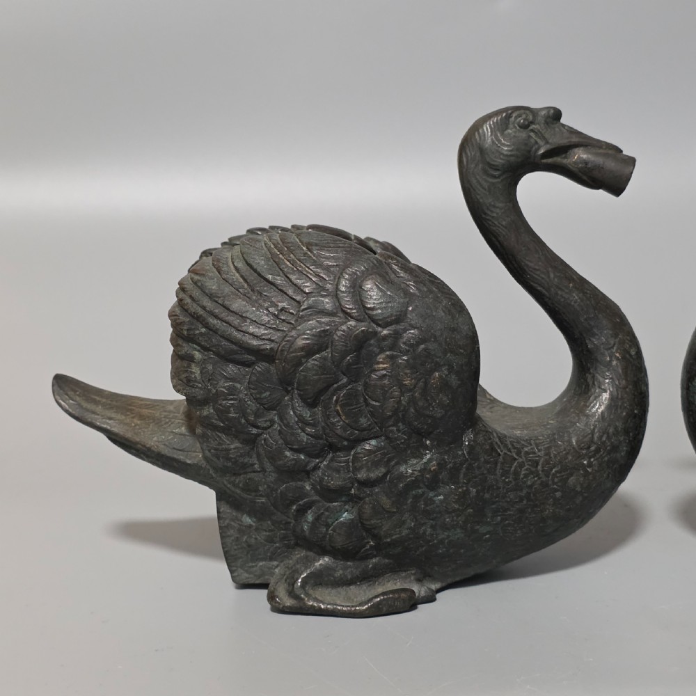 Rare Pair of 19th-Century Bronze Swan Fountain Spouts — Exquisite Detail and Patina View IV