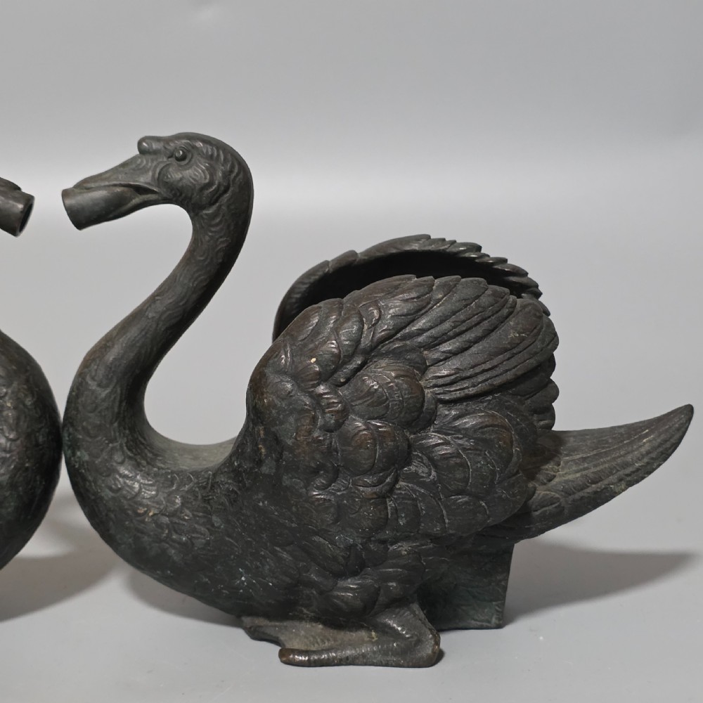 Rare Pair of 19th-Century Bronze Swan Fountain Spouts — Exquisite Detail and Patina View V