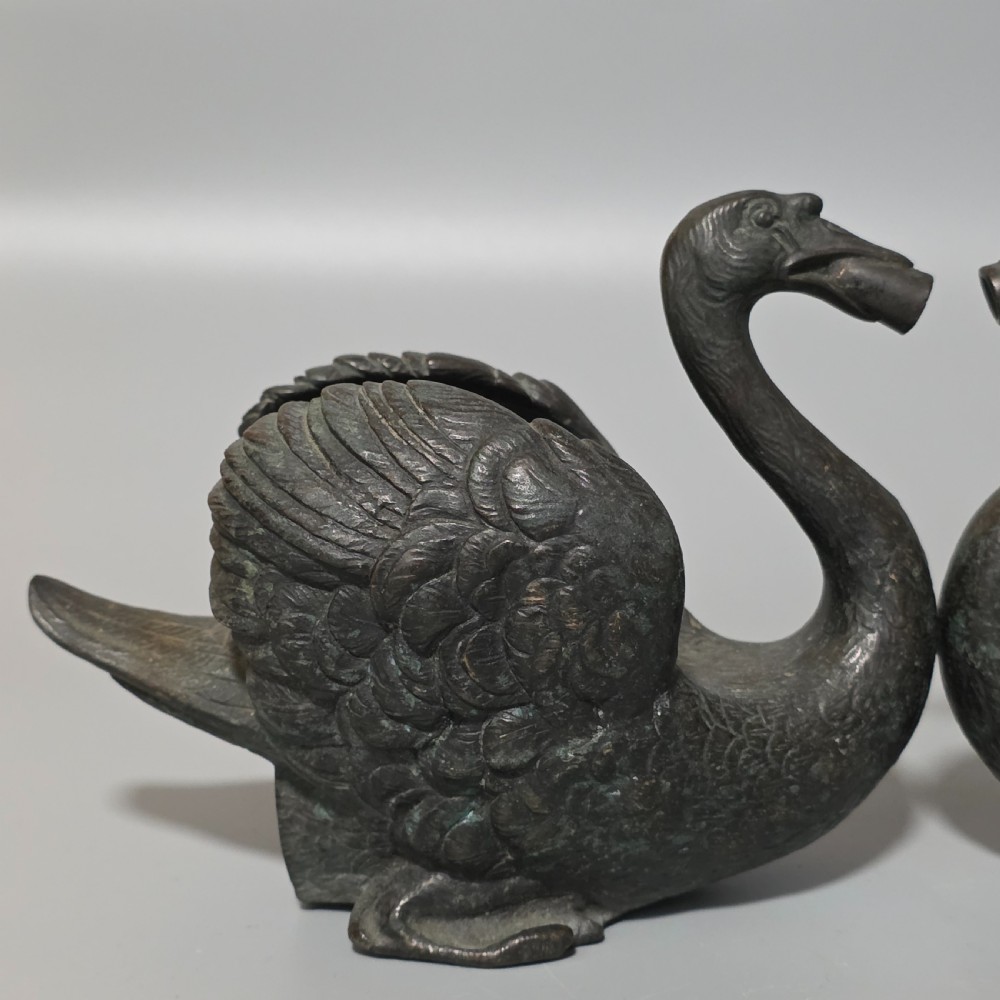 Rare Pair of 19th-Century Bronze Swan Fountain Spouts — Exquisite Detail and Patina View VI