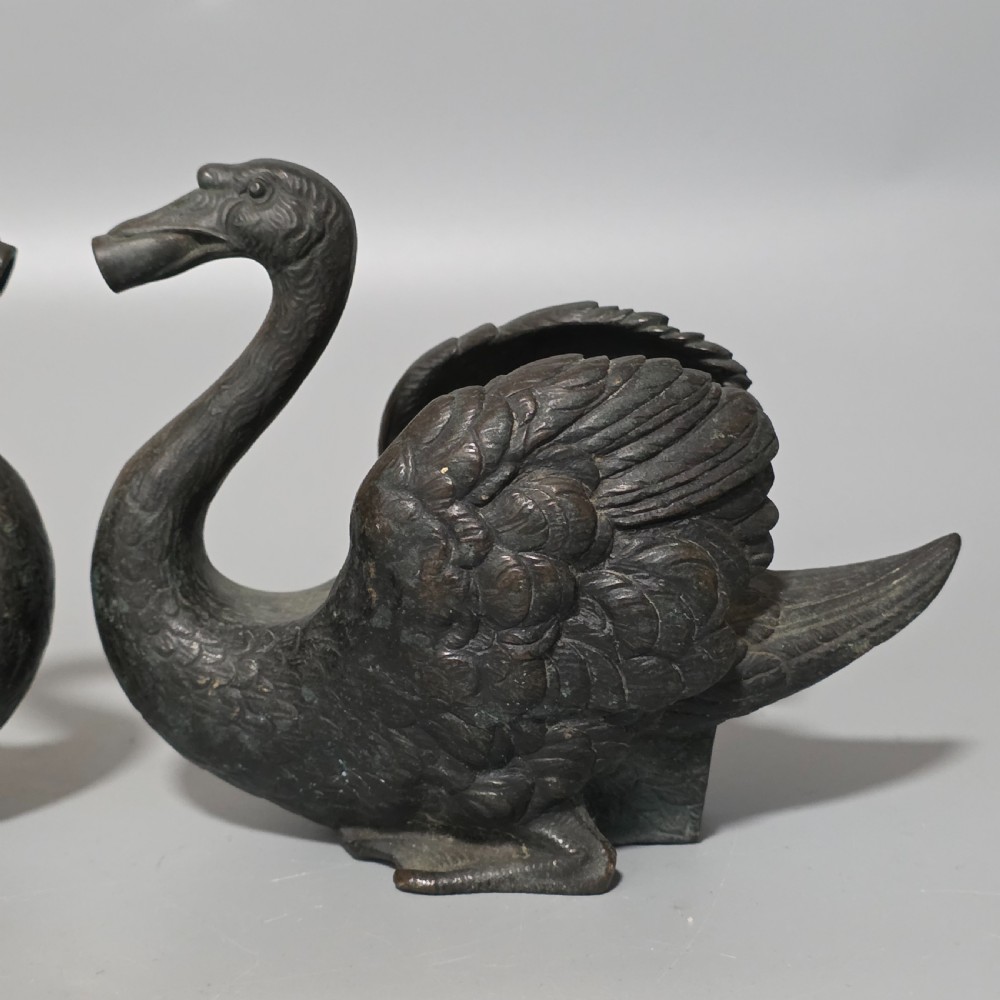 Rare Pair of 19th-Century Bronze Swan Fountain Spouts — Exquisite Detail and Patina View IX