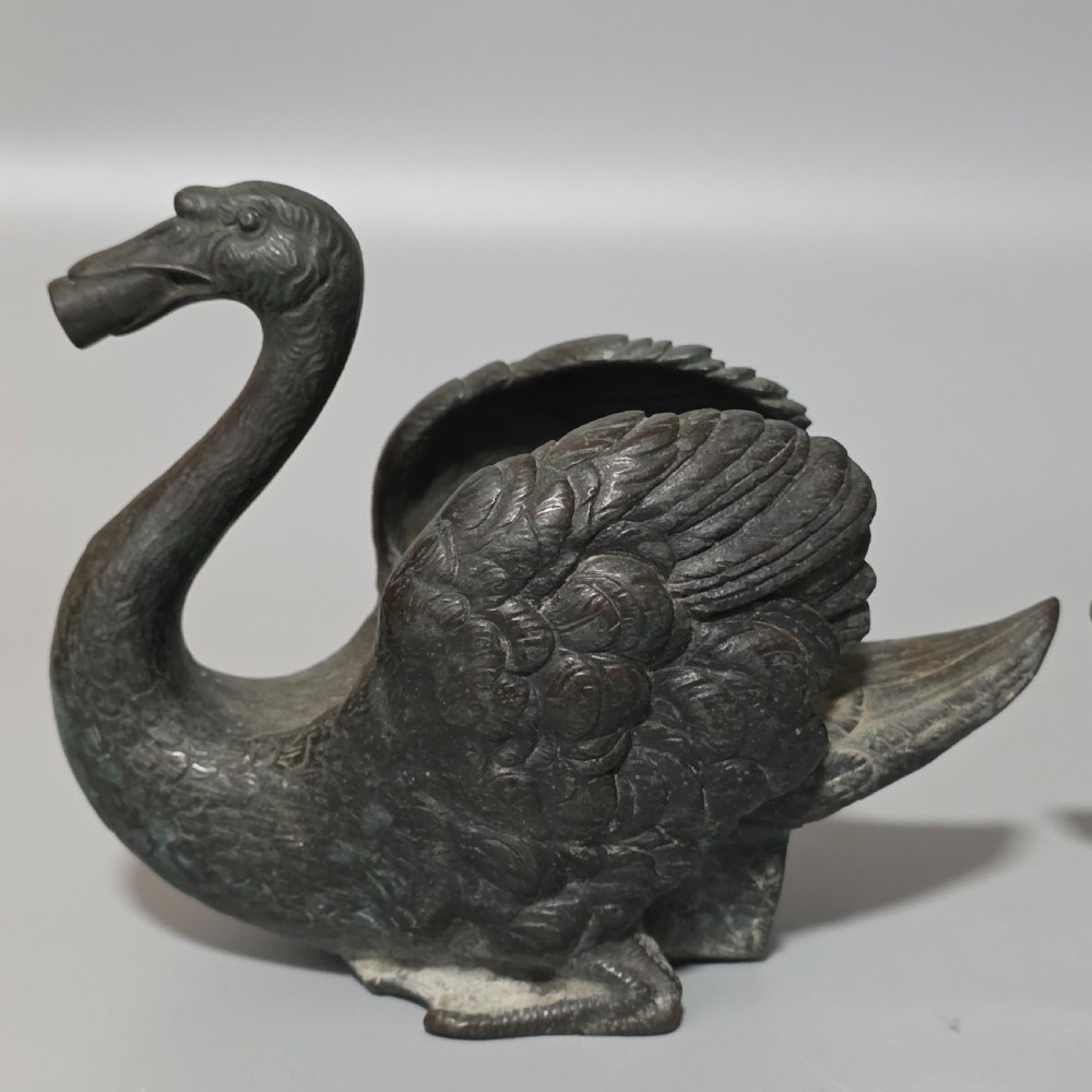 Rare Pair of 19th-Century Bronze Swan Fountain Spouts — Exquisite Detail and Patina View X