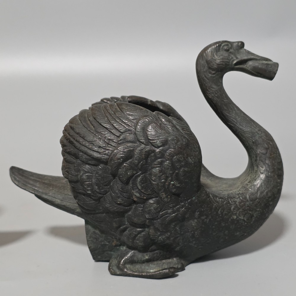 Rare Pair of 19th-Century Bronze Swan Fountain Spouts — Exquisite Detail and Patina View XI