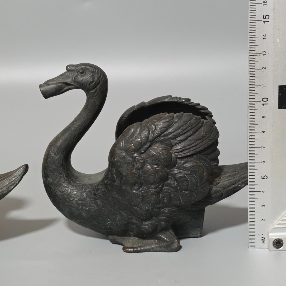 Rare Pair of 19th-Century Bronze Swan Fountain Spouts — Exquisite Detail and Patina View XIII