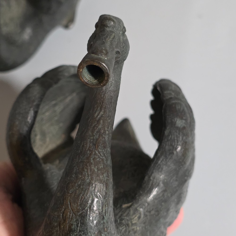 Rare Pair of 19th-Century Bronze Swan Fountain Spouts — Exquisite Detail and Patina View XIV