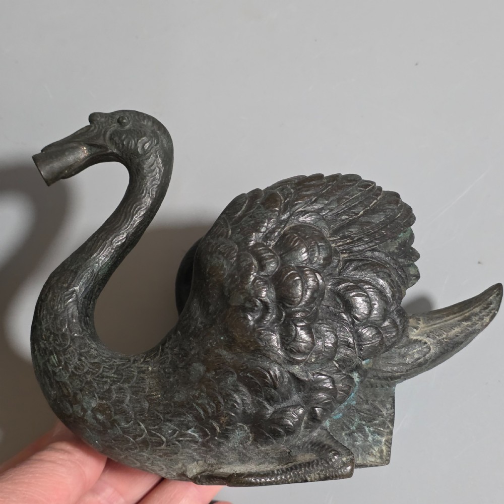 Rare Pair of 19th-Century Bronze Swan Fountain Spouts — Exquisite Detail and Patina View XV
