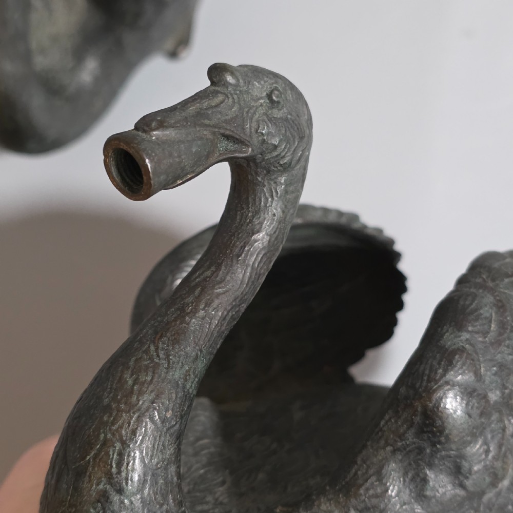 Rare Pair of 19th-Century Bronze Swan Fountain Spouts — Exquisite Detail and Patina View XVII