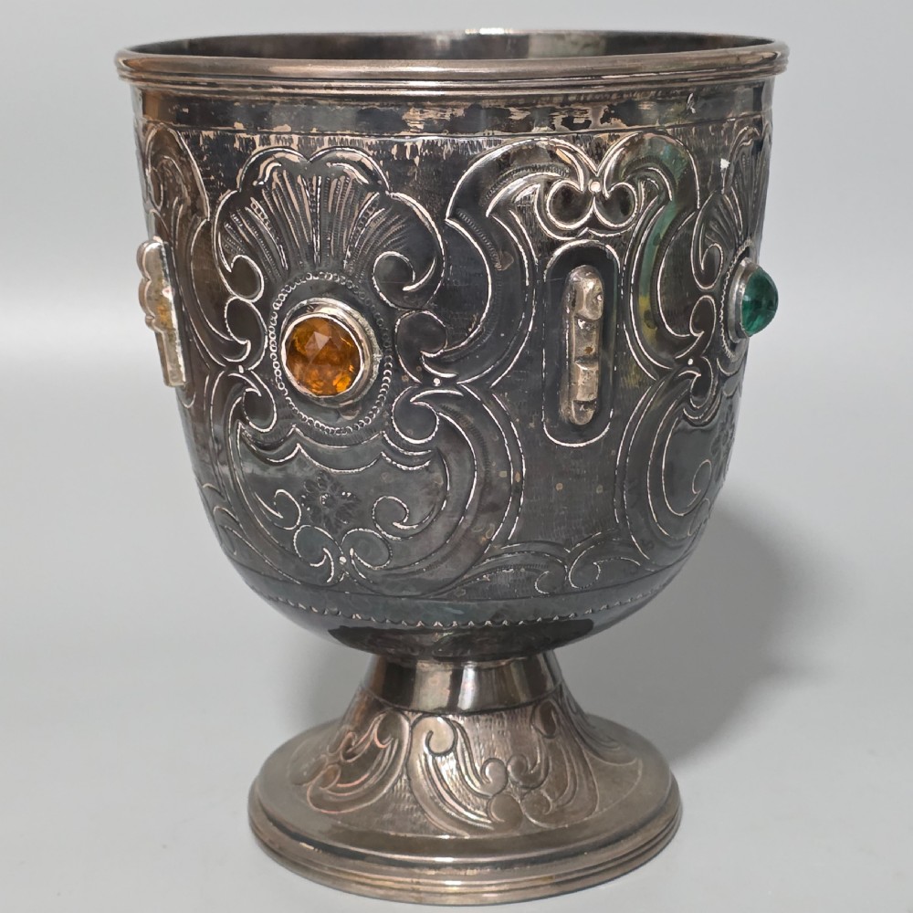Fabulous Antique Large (553g) Spanish Silver Engraved Bowl In set with Stones 553gm View II