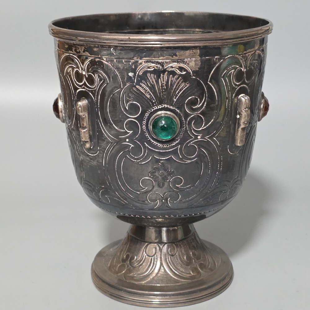 Fabulous Antique Large (553g) Spanish Silver Engraved Bowl In set with Stones 553gm View III