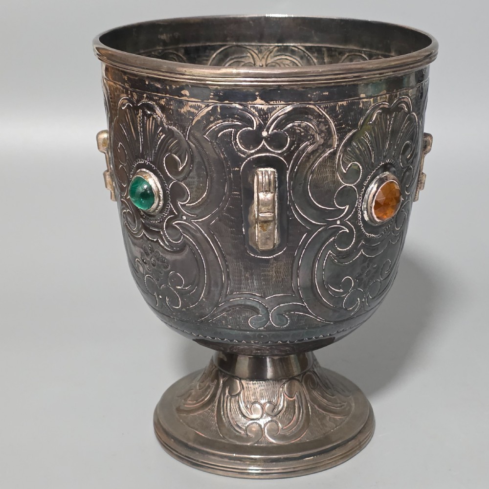 Fabulous Antique Large (553g) Spanish Silver Engraved Bowl In set with Stones 553gm View VI