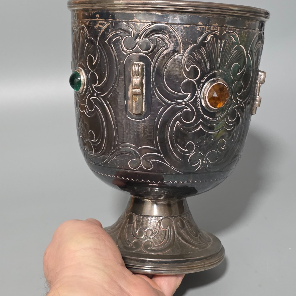 Fabulous Antique Large (553g) Spanish Silver Engraved Bowl In set with Stones 553gm View VII