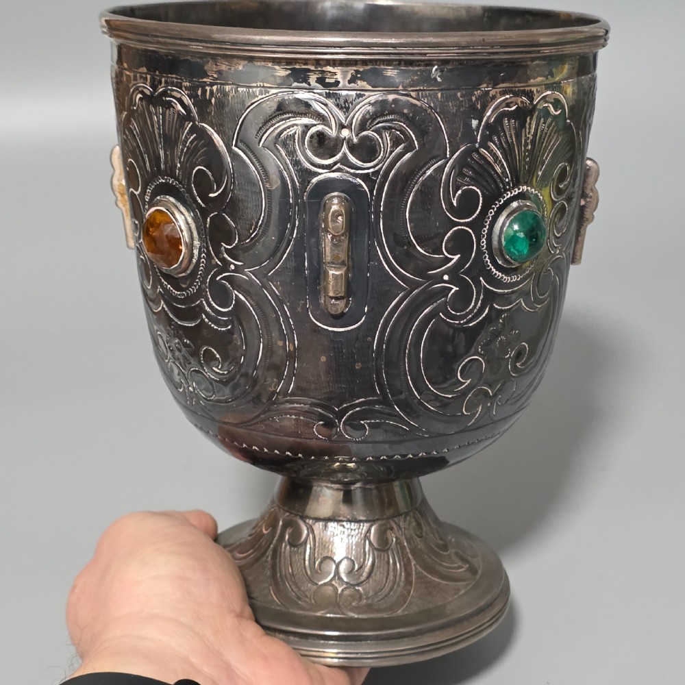 Fabulous Antique Large (553g) Spanish Silver Engraved Bowl In set with Stones 553gm View IX